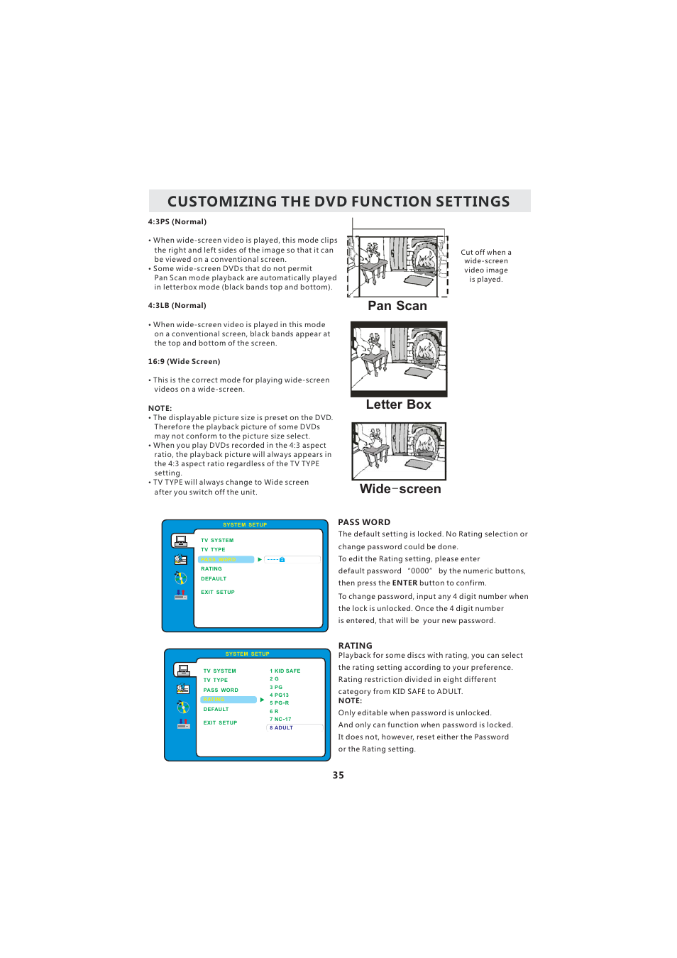 Customizing the dvd function settings, Pan scan letter box wide screen | Curtis LCDVD193A User Manual | Page 39 / 48
