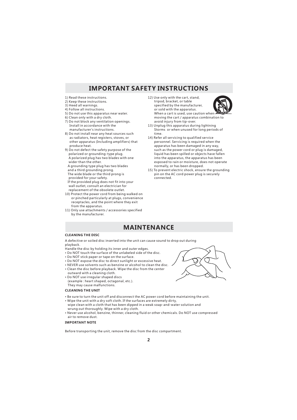 Important safety instructions, Maintenance | Curtis LCDVD193A User Manual | Page 6 / 48