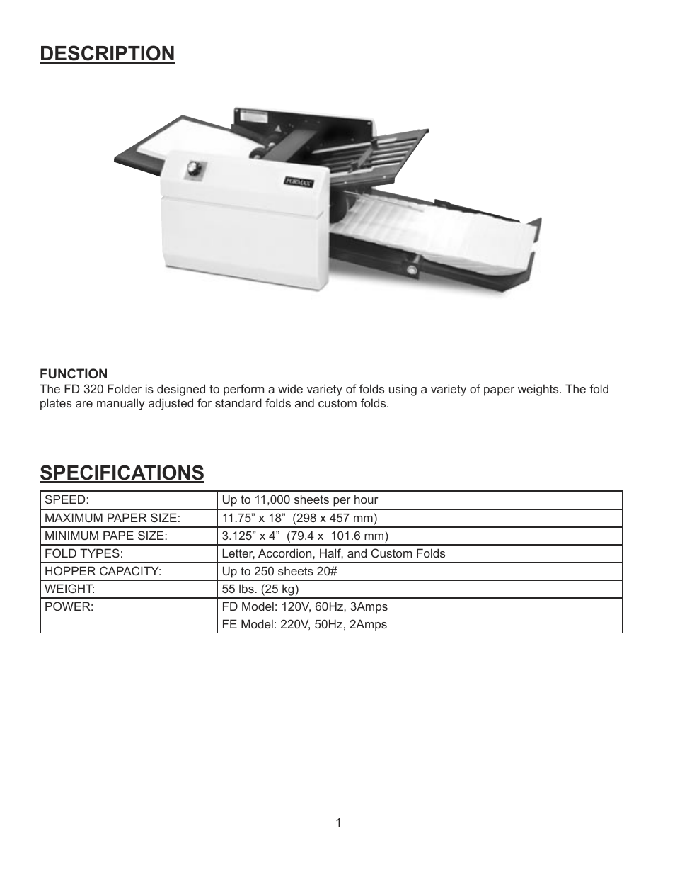 Description, Specifications | Formax FD 320 User Manual | Page 3 / 7