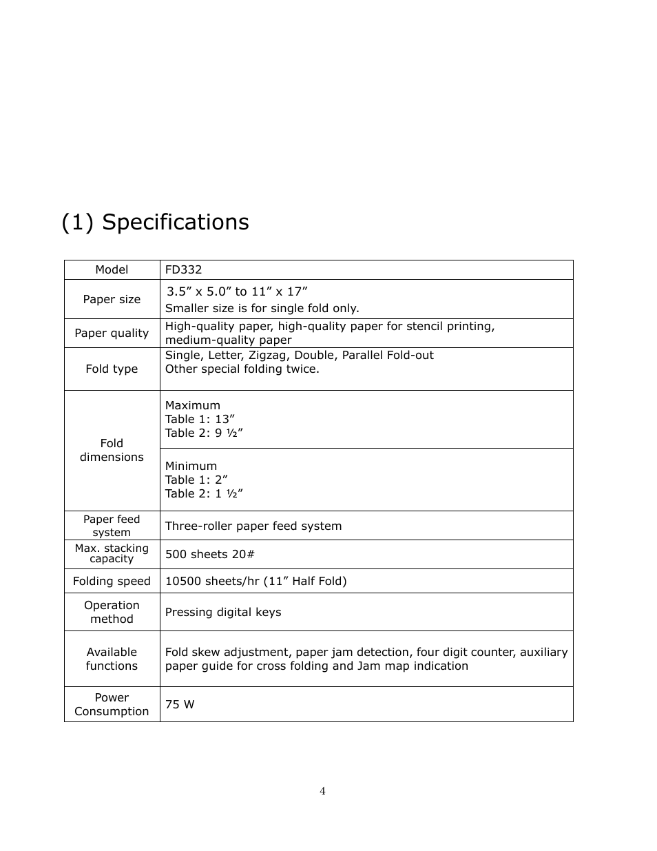 1) specifications | Formax FD 332 User Manual | Page 4 / 20