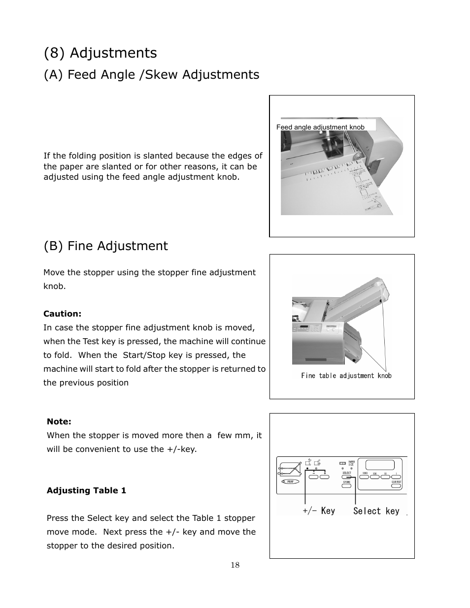 8) adjustments, A) feed angle /skew adjustments, B) fine adjustment | Formax FD 372 User Manual | Page 18 / 26