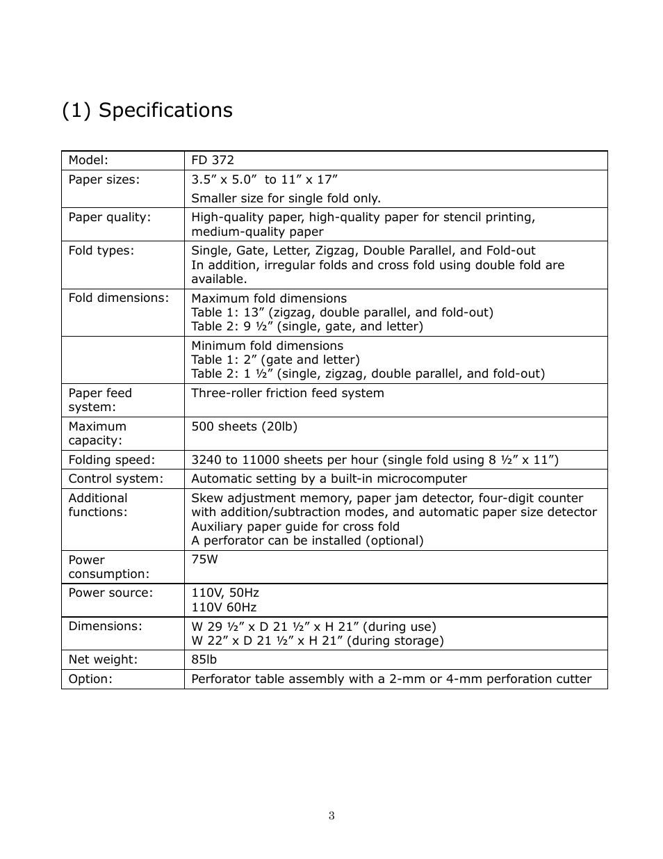 1) specifications | Formax FD 372 User Manual | Page 3 / 26