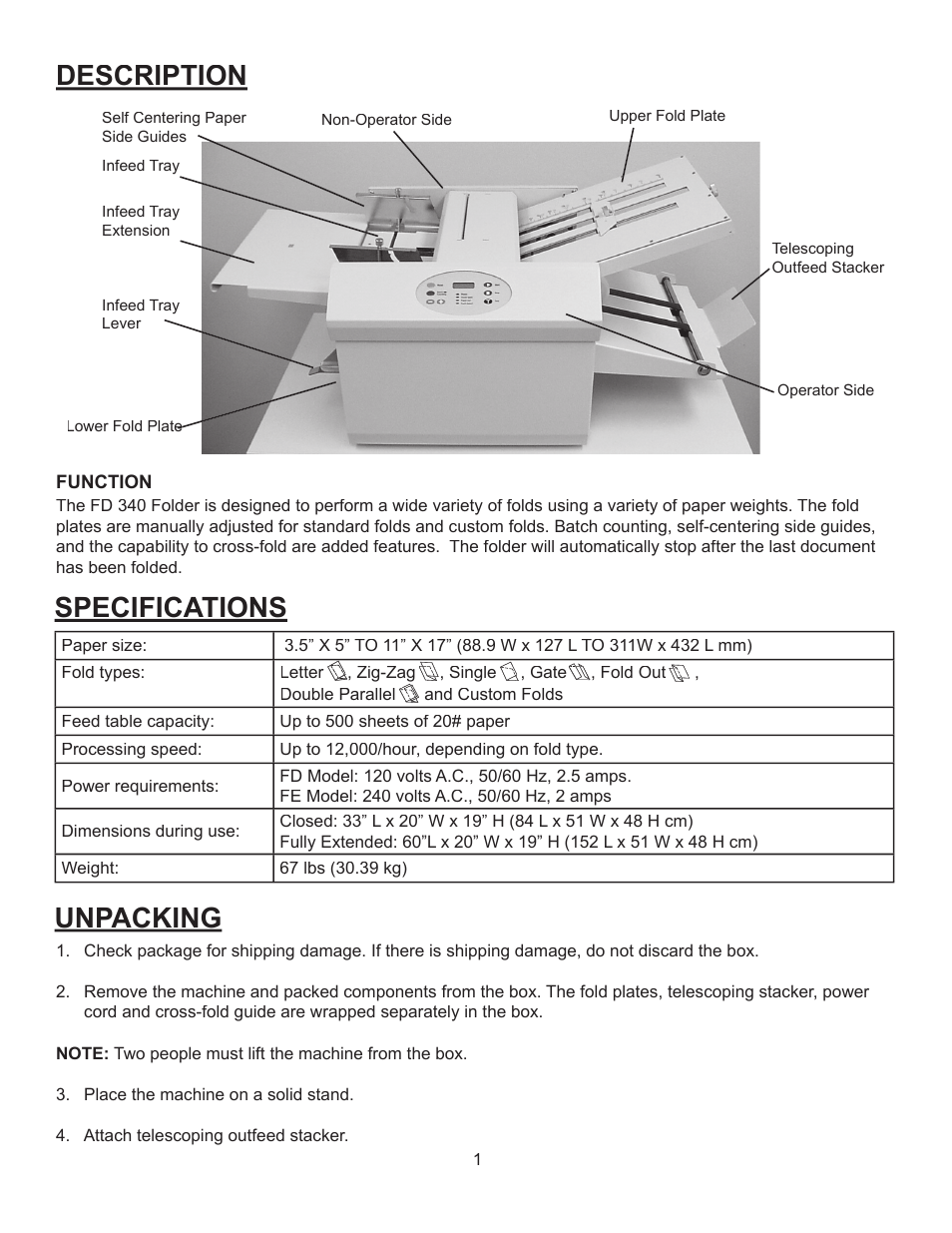 Description, Specifications, Unpacking | Formax FD 340 User Manual | Page 5 / 13