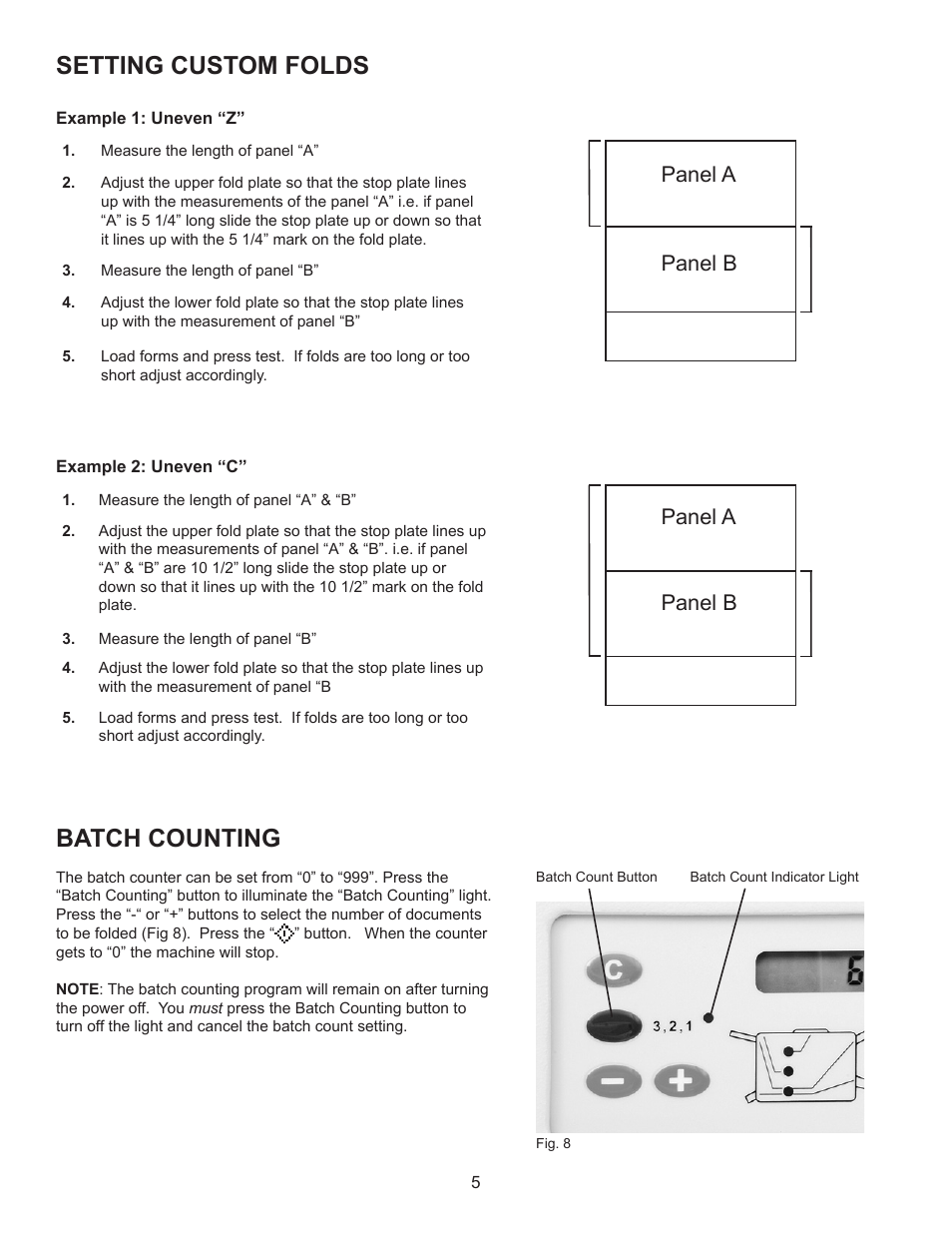 Setting custom folds batch counting, Panel a panel b panel a panel b | Formax FD 342 User Manual | Page 9 / 15