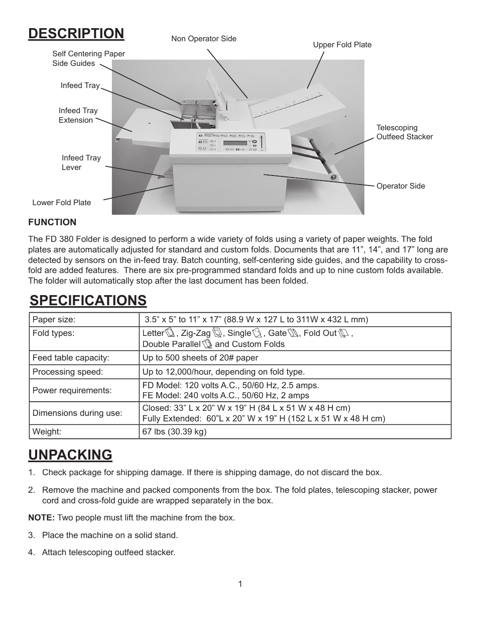 Description, Unpacking, Specifications | Formax FD 380 User Manual | Page 5 / 16