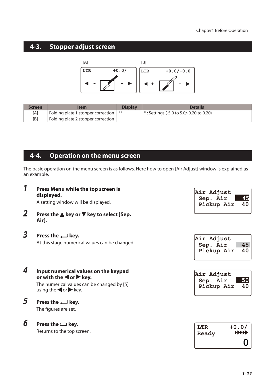 3. stopper adjust screen, 4. operation on the menu screen, Stopper adjust screen -11 | Operation on the menu screen -11 | Formax FD 3200 User Manual | Page 20 / 93