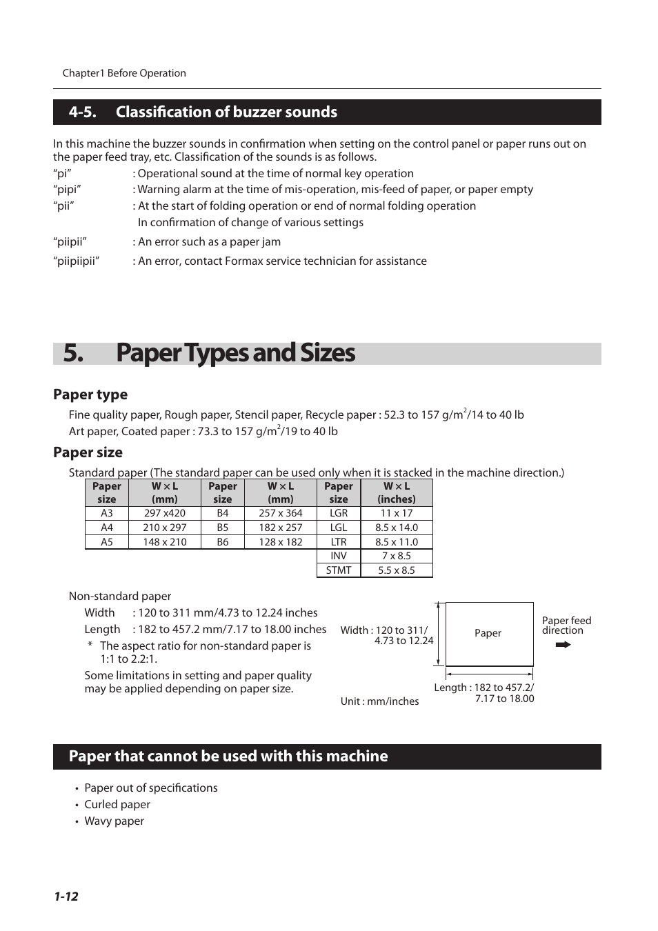 5. classification of buzzer sounds, Paper types and sizes, Paper that cannot be used with this machine | Classiication of buzzer sounds -12, Paper types and sizes -12, Paper that cannot be used with this machine -12, 5. classiication of buzzer sounds, Paper type, Paper size | Formax FD 3200 User Manual | Page 21 / 93