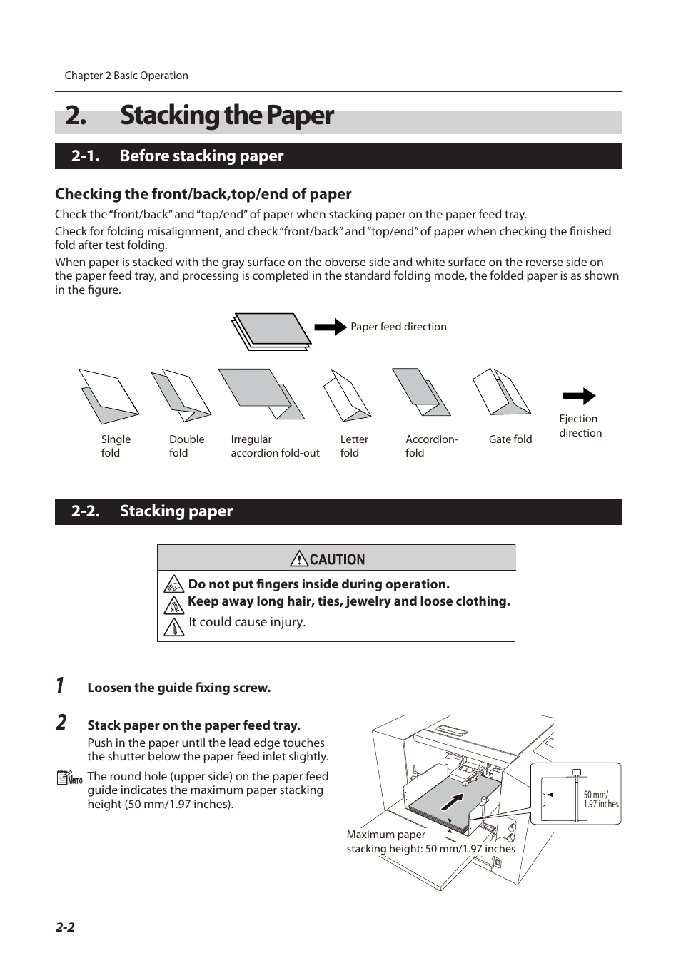 Stacking the paper, 1. before stacking paper, 2. stacking paper | Stacking the paper -2, Before stacking paper -2, Stacking paper -2, P.2-2) | Formax FD 3200 User Manual | Page 27 / 93