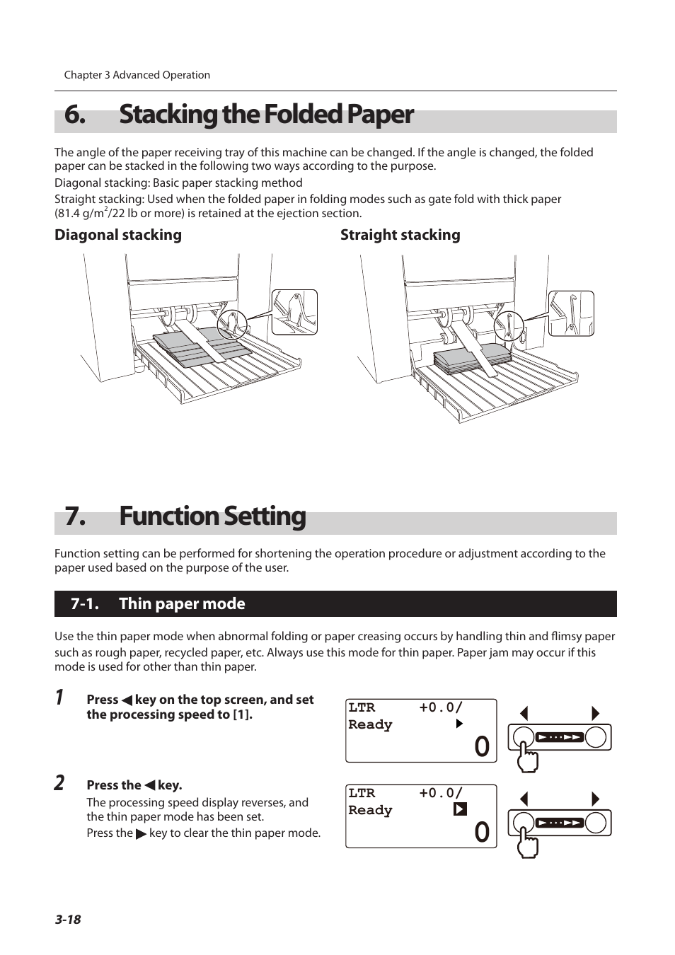 Stacking the folded paper, Function setting, 1. thin paper mode | Thin paper mode -18, P.3-18), Er 3 “6. stacking the folded paper” (p.3-18) | Formax FD 3200 User Manual | Page 55 / 93