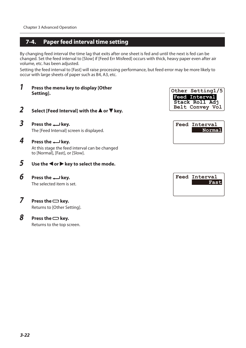 4. paper feed interval time setting, Paper feed interval time setting -22, Ormal | P.3-22) | Formax FD 3200 User Manual | Page 59 / 93