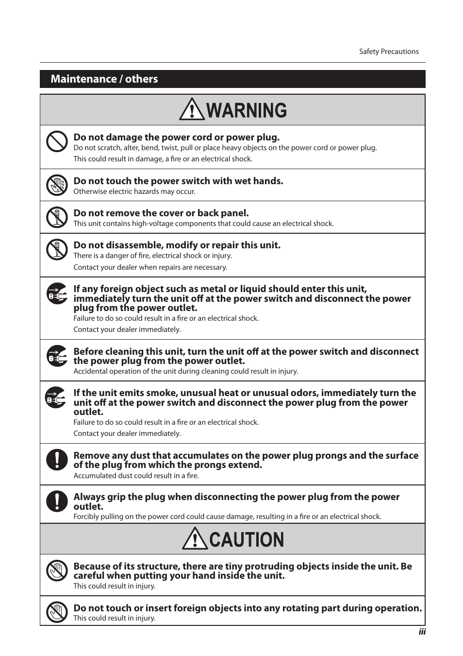 Maintenance / others, Do not damage the power cord or power plug, Do not touch the power switch with wet hands | Do not remove the cover or back panel, Do not disassemble, modify or repair this unit | Formax FD 3200 User Manual | Page 6 / 93