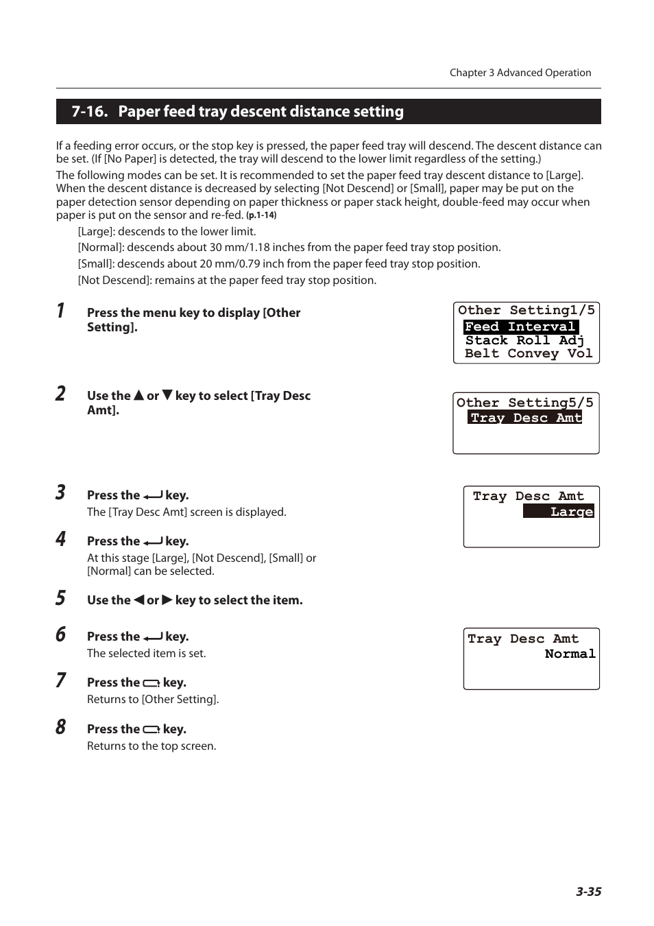 16. paper feed tray descent distance setting, 16. paper feed tray descent distance setting -35 | Formax FD 3200 User Manual | Page 72 / 93