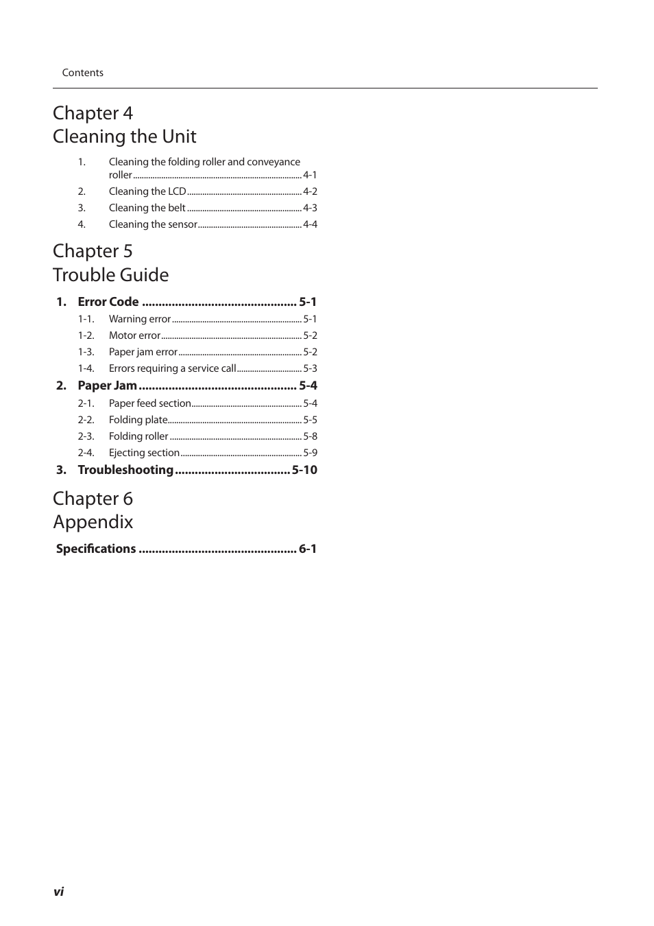 Chapter 4 cleaning the unit, Chapter 5 trouble guide, Chapter 6 appendix | Formax FD 3200 User Manual | Page 9 / 93