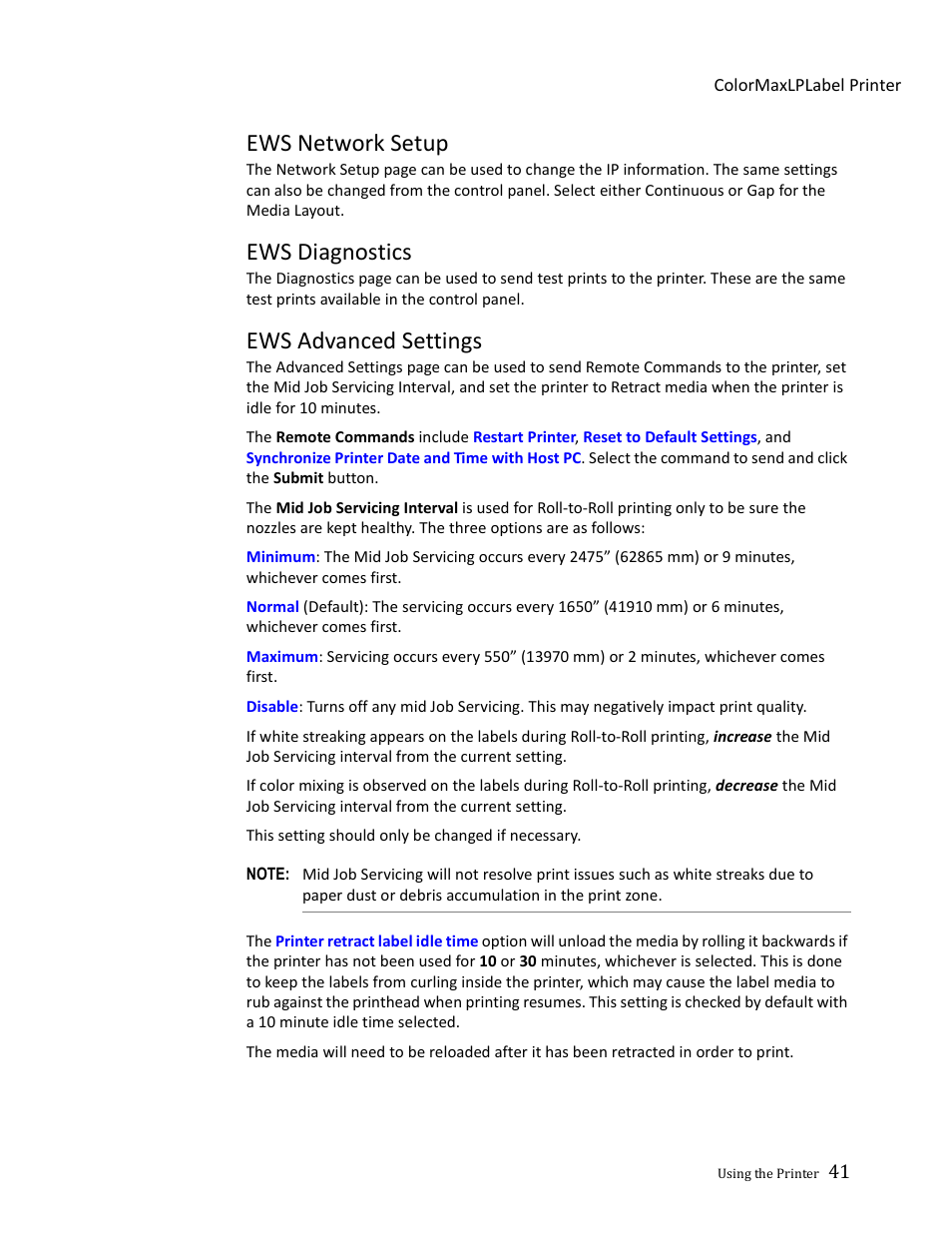 Ews network setup, Ews diagnostics, Ews advanced settings | Formax ColorMaxLP Operator Manual User Manual | Page 41 / 86