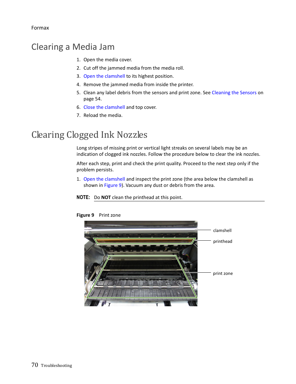 Clearing a media jam, Clearing clogged ink nozzles | Formax ColorMaxLP Operator Manual User Manual | Page 70 / 86