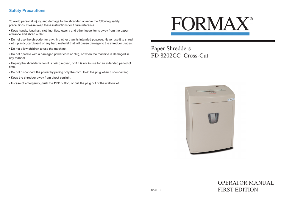 Formax FD 8202CC, Rev 1 User Manual | 2 pages