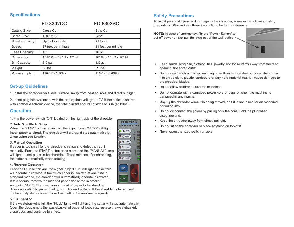 Operation, Set-up guidelines, Specifications safety precautions | Formax FD 8302CC/SC User Manual | Page 2 / 2