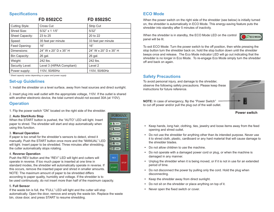 Operation, Set-up guidelines, Specifications safety precautions | Eco mode | Formax FD 8502CC/SC User Manual | Page 2 / 2