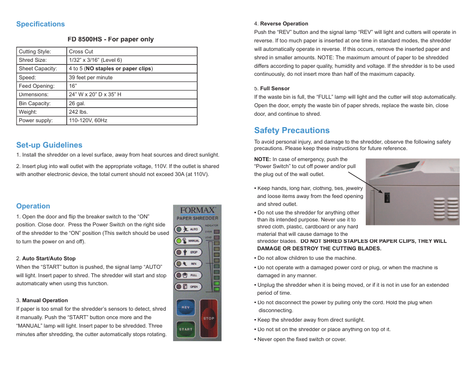 Safety precautions, Set-up guidelines | Formax FD 8500HS User Manual | Page 2 / 2