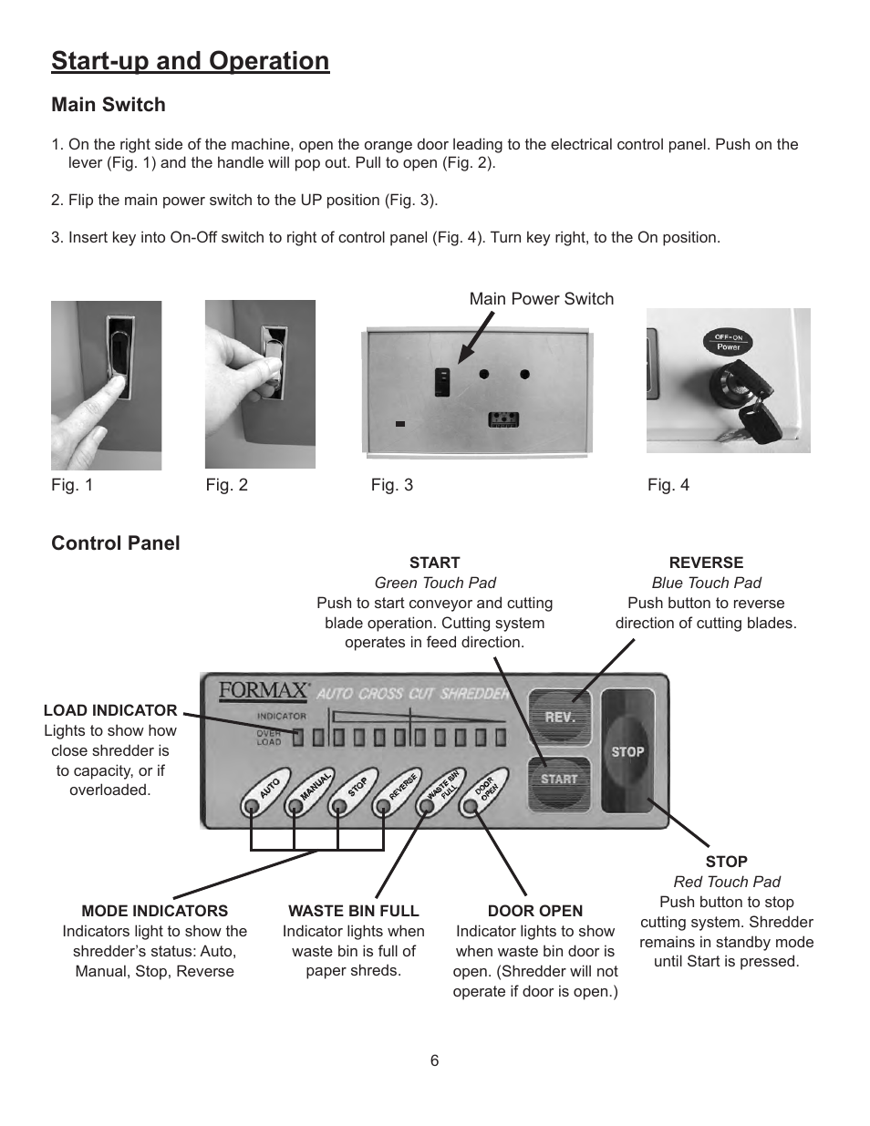 Start-up and operation, Control panel, Main switch | Formax FD 8804 User Manual | Page 9 / 24