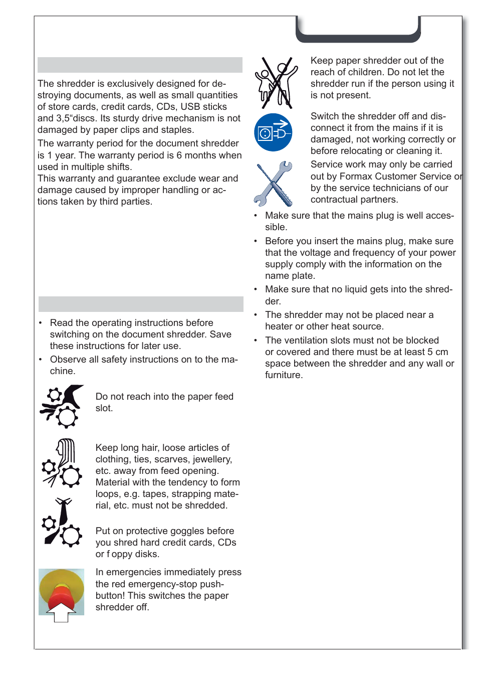 English, 1 proper use, warranty, 2 safety instructions | Formax FD 8850CC User Manual | Page 2 / 6