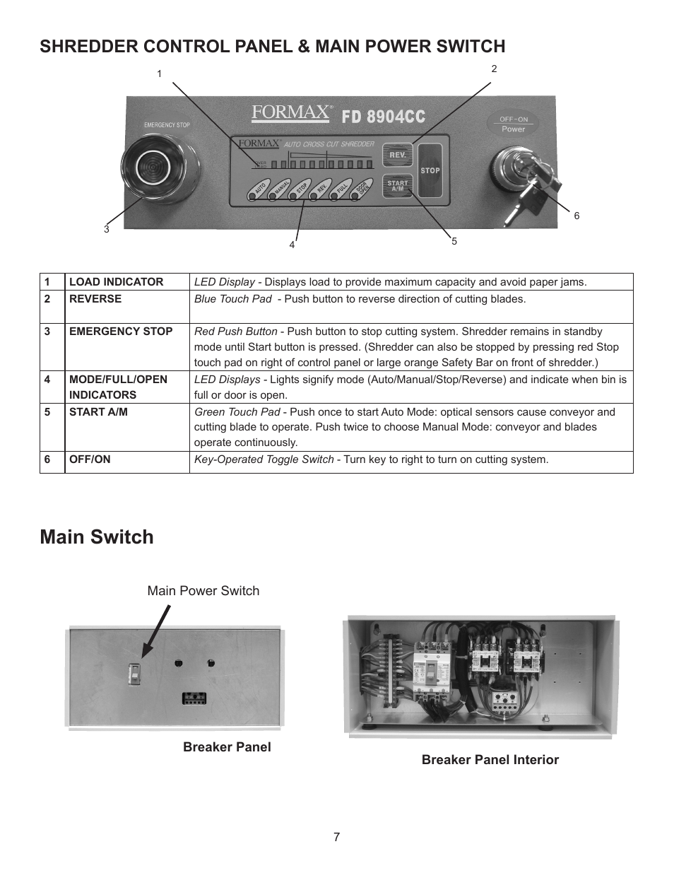 Main switch, Shredder control panel & main power switch | Formax FD 8904B User Manual | Page 10 / 23