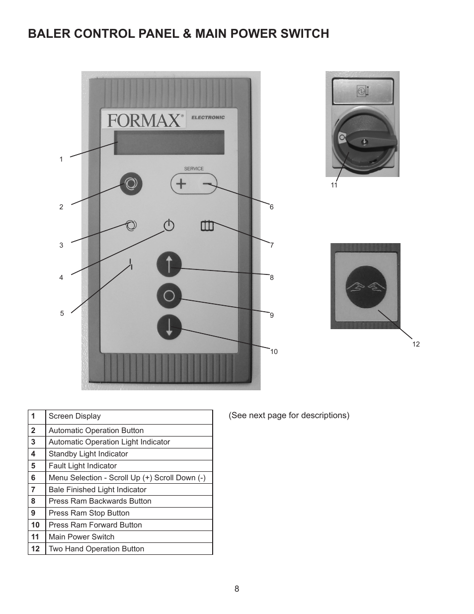 Baler control panel & main power switch | Formax FD 8904B User Manual | Page 11 / 23