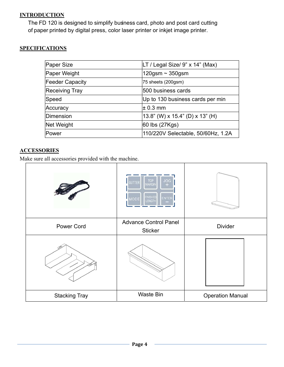 Introduction, Specifications, Accessories | Formax FD 120 User Manual | Page 4 / 15