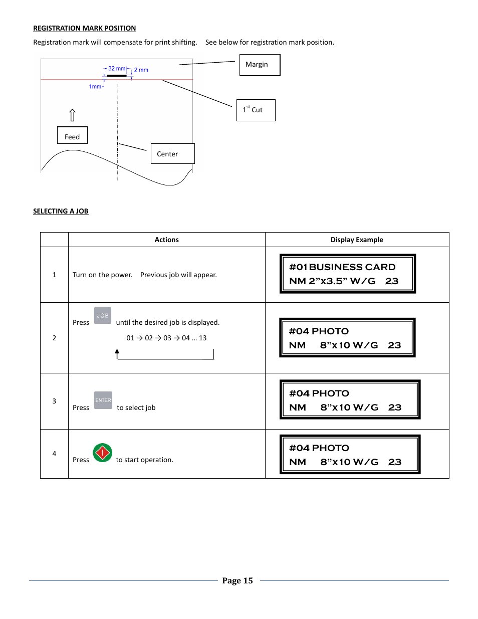 Registration mark position, Selecting a job | Formax FD 125 User Manual | Page 15 / 23