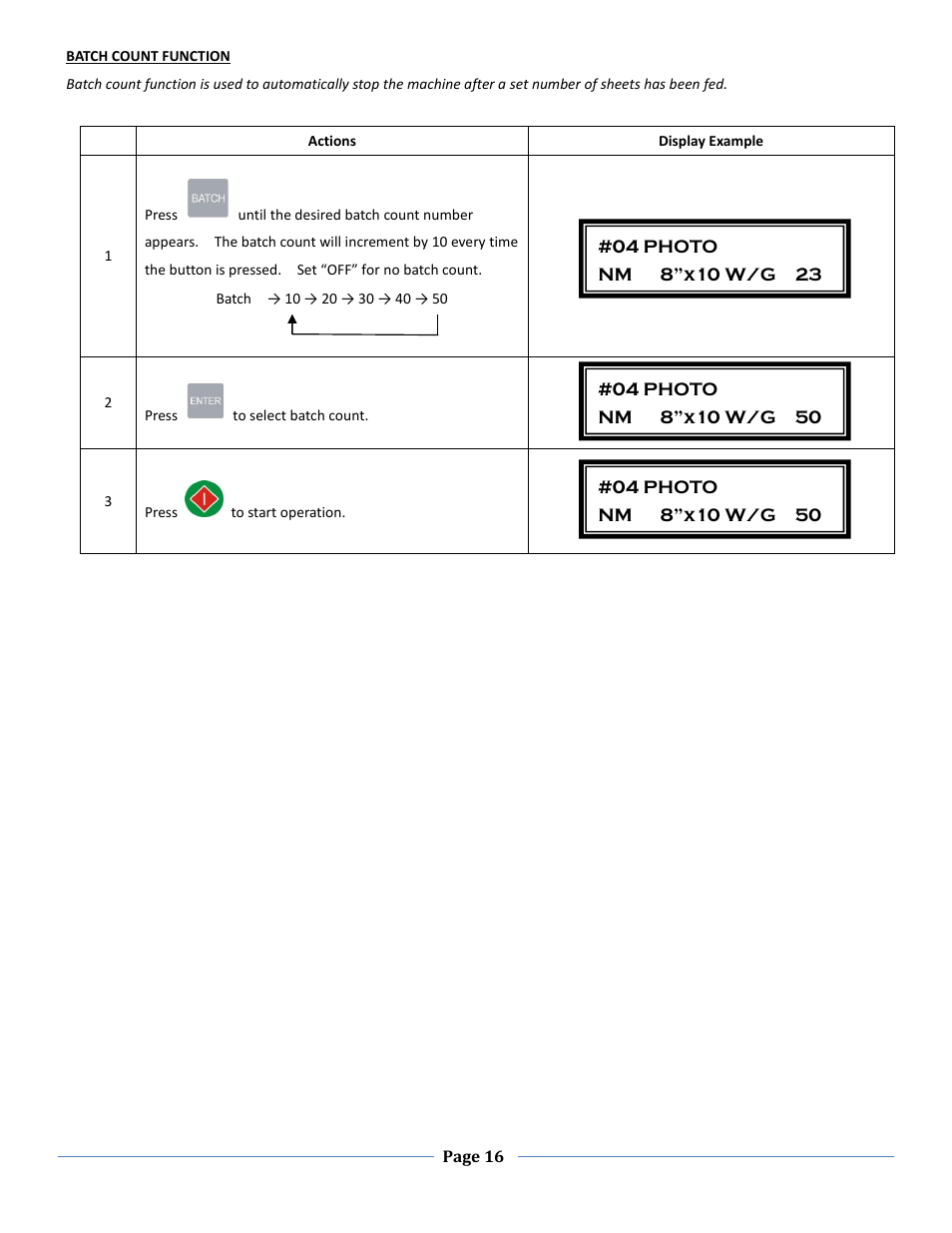 Batch count function | Formax FD 125 User Manual | Page 16 / 23