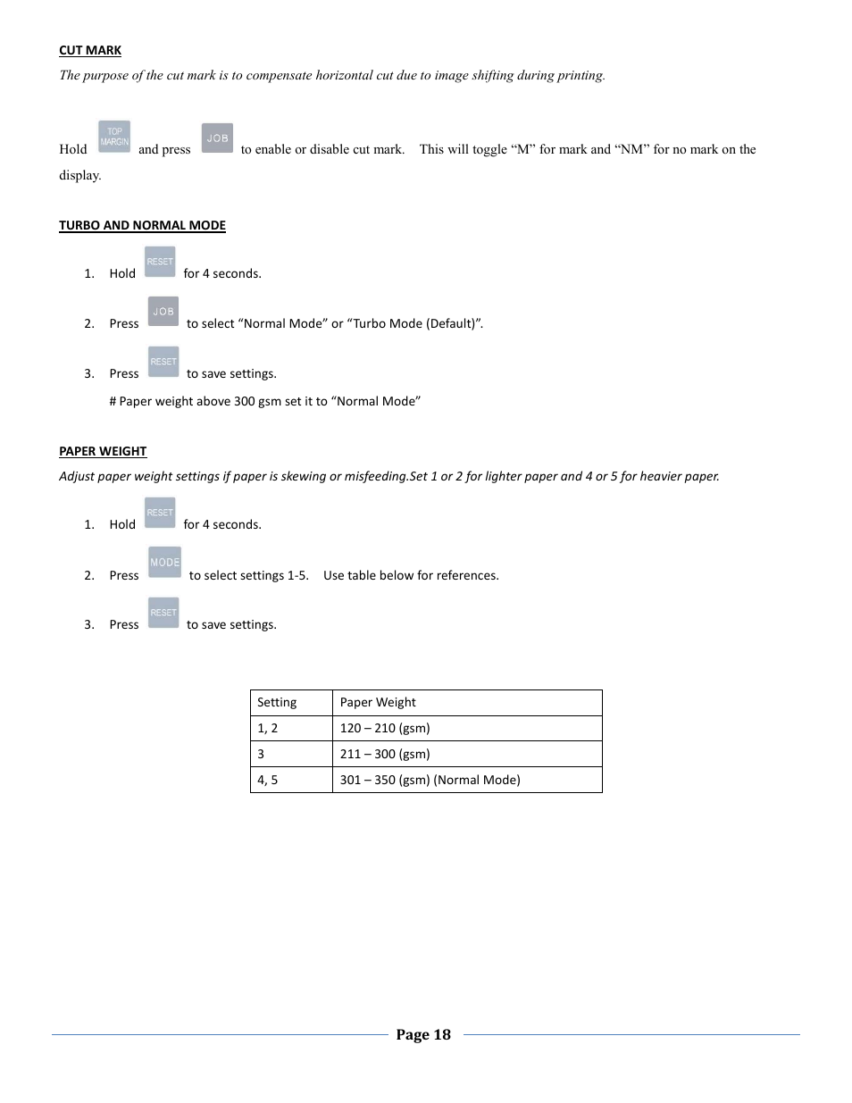 Cut mark, Turbo and normal mode, Paper weight | Formax FD 125 User Manual | Page 18 / 23