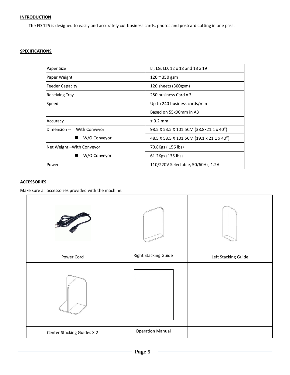 Introduction, Specifications, Accessories | Formax FD 125 User Manual | Page 5 / 23