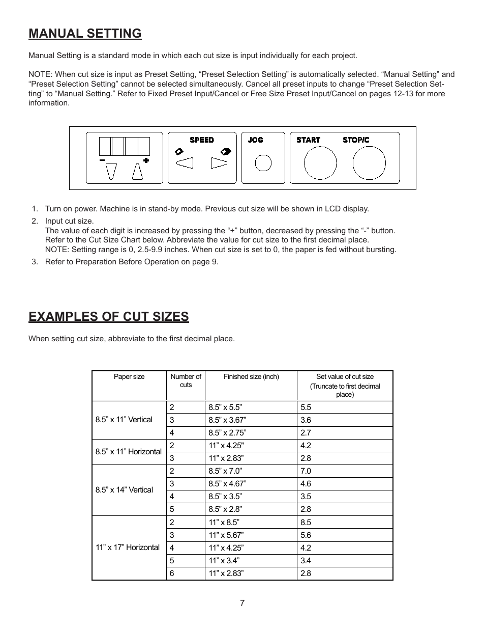 Manual setting, Manual setting examples of cut sizes, Cut size setting example | Formax FD 4170 User Manual | Page 11 / 25