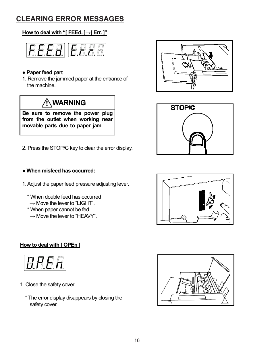 Clearing error messages, Clearing error and how to deal with trouble, Warning | Formax FD 4170 User Manual | Page 20 / 25