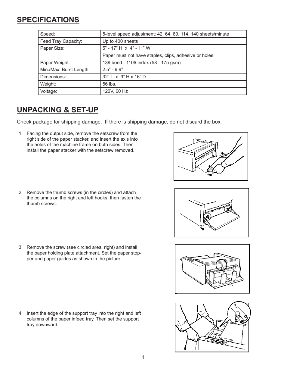 Unpacking & set-up, Specifications, Preparation before using machine | Pre par atio n b efo re usi ng mac hin e | Formax FD 4170 User Manual | Page 5 / 25