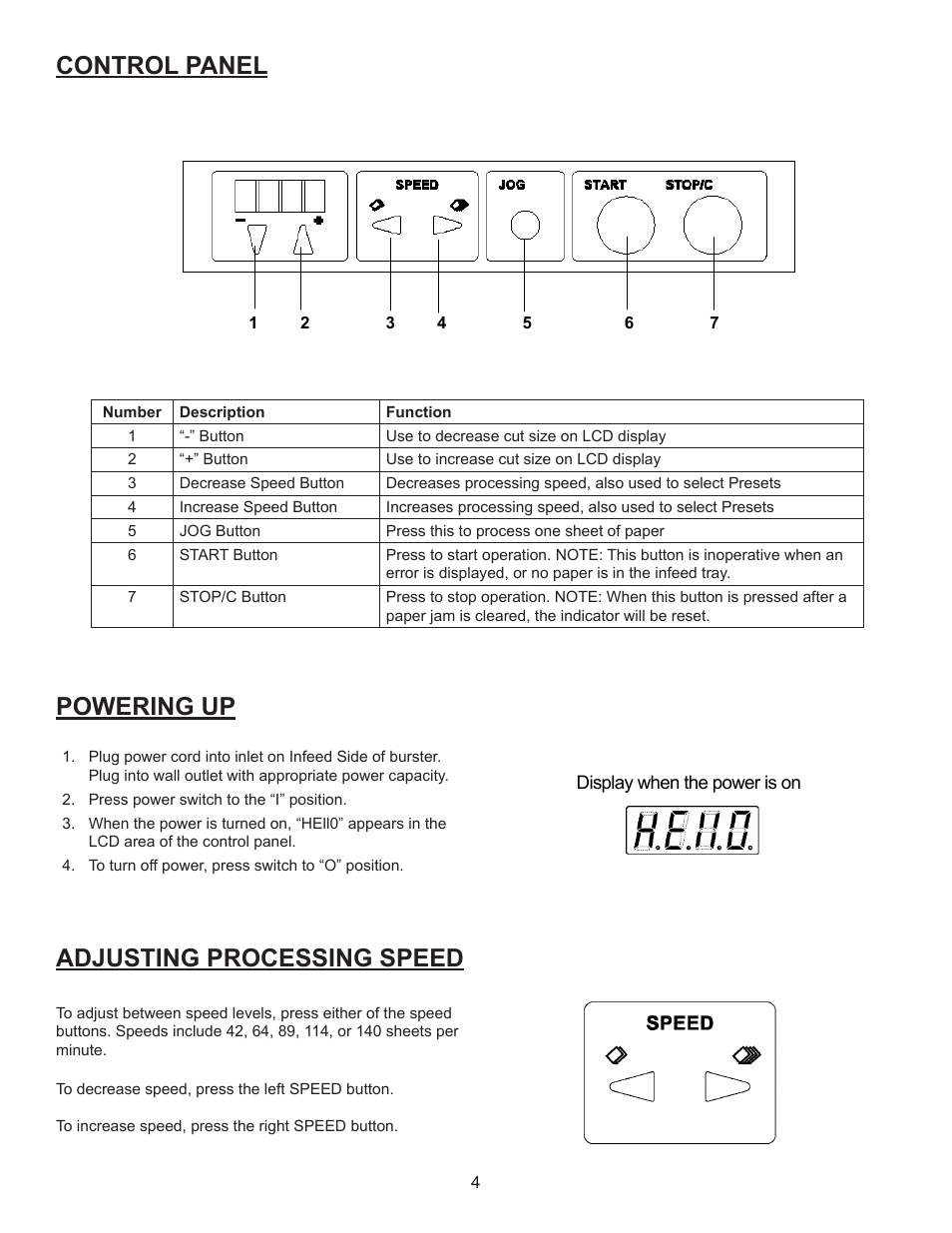 Control panel adjusting processing speed, Turning on the power, Turning off the power | Powering up, Usable paper, Adjusting processing speed | Formax FD 4170 User Manual | Page 8 / 25