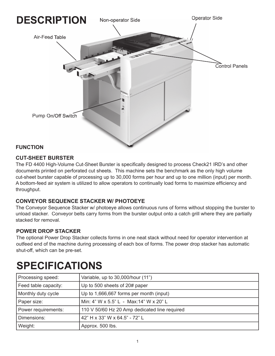 Description, Specifications | Formax FD 4400 User Manual | Page 5 / 16