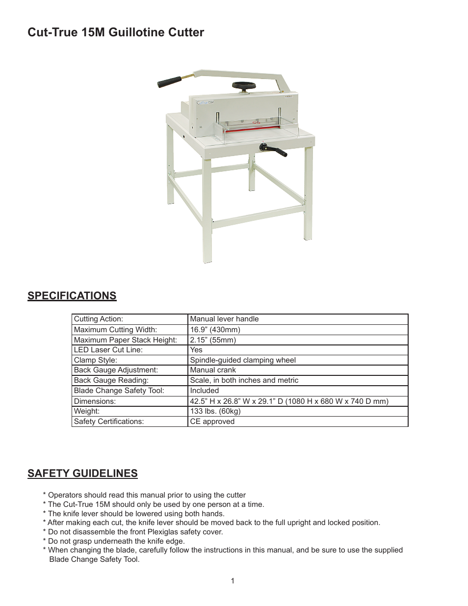 Cut-true 15m guillotine cutter, Safety guidelines specifications | Formax Cut-True 15M User Manual | Page 4 / 10