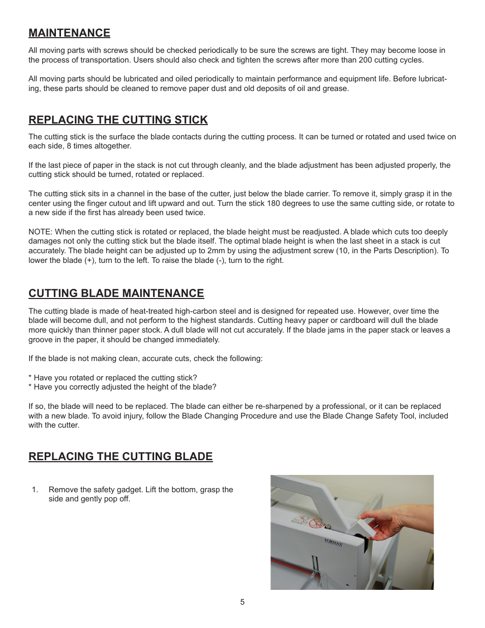 Maintenance replacing the cutting stick, Cutting blade maintenance, Replacing the cutting blade | Formax Cut-True 15M User Manual | Page 8 / 10