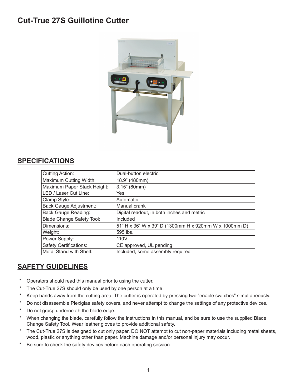Cut-true 27s guillotine cutter, Safety guidelines specifications | Formax Cut-True 27S User Manual | Page 4 / 11
