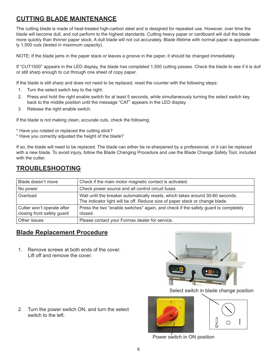 Cutting blade maintenance, Troubleshooting, Blade replacement procedure | Formax Cut-True 27S User Manual | Page 9 / 11