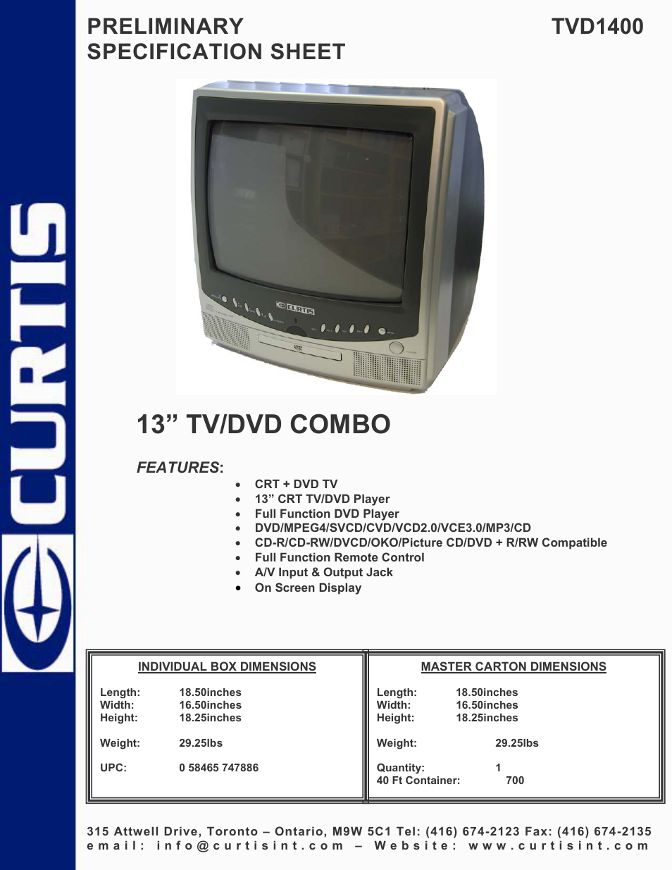 Curtis TVD1400 User Manual | 1 page