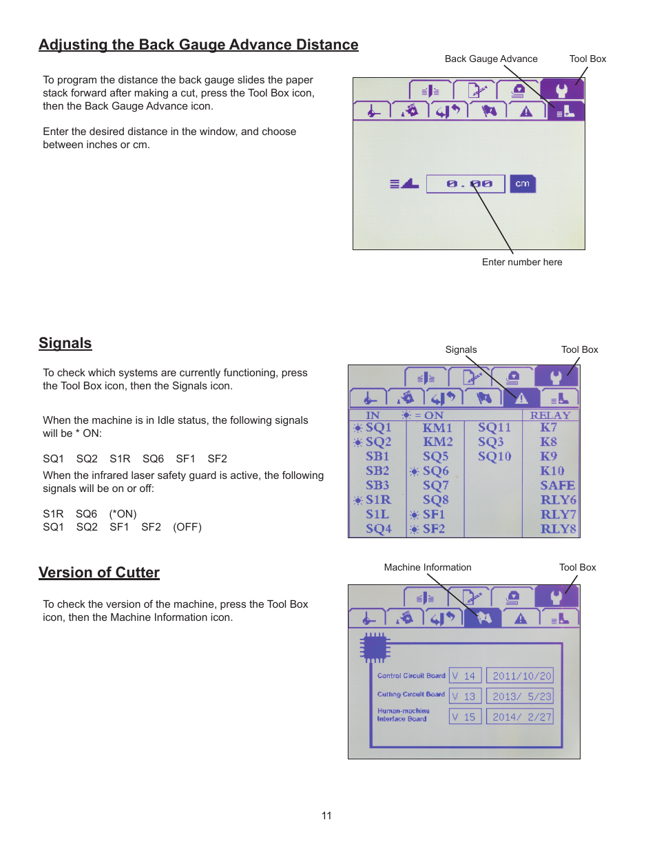 Adjusting the back gauge advance distance, Signals, Version of cutter | Formax Cut-True 27A User Manual | Page 14 / 20