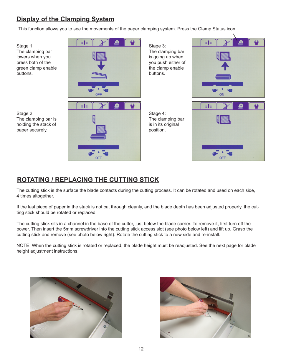 Display of the clamping system, Rotating / replacing the cutting stick | Formax Cut-True 27A User Manual | Page 15 / 20