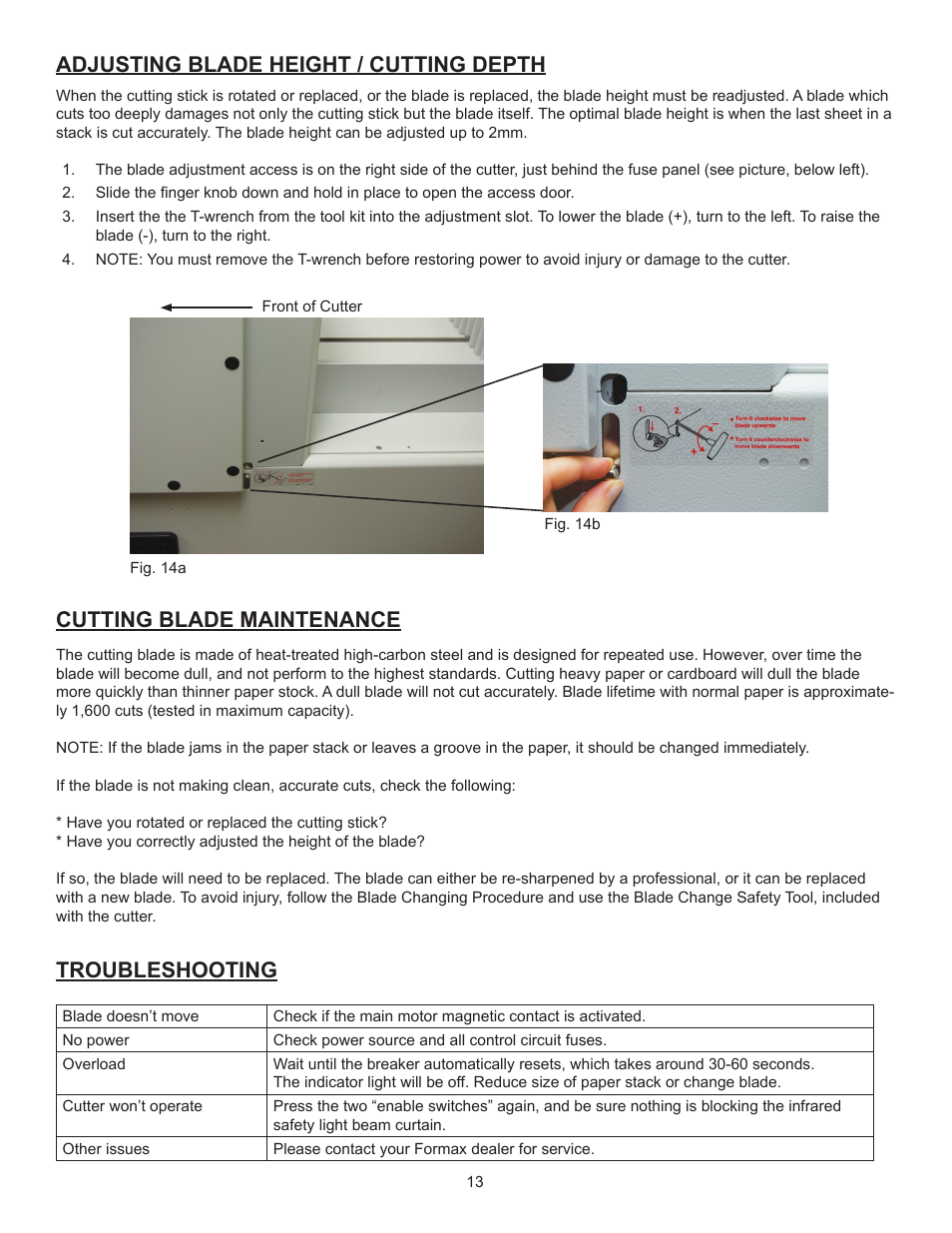 Cutting blade maintenance, Troubleshooting, Adjusting blade height / cutting depth | Formax Cut-True 27A User Manual | Page 16 / 20