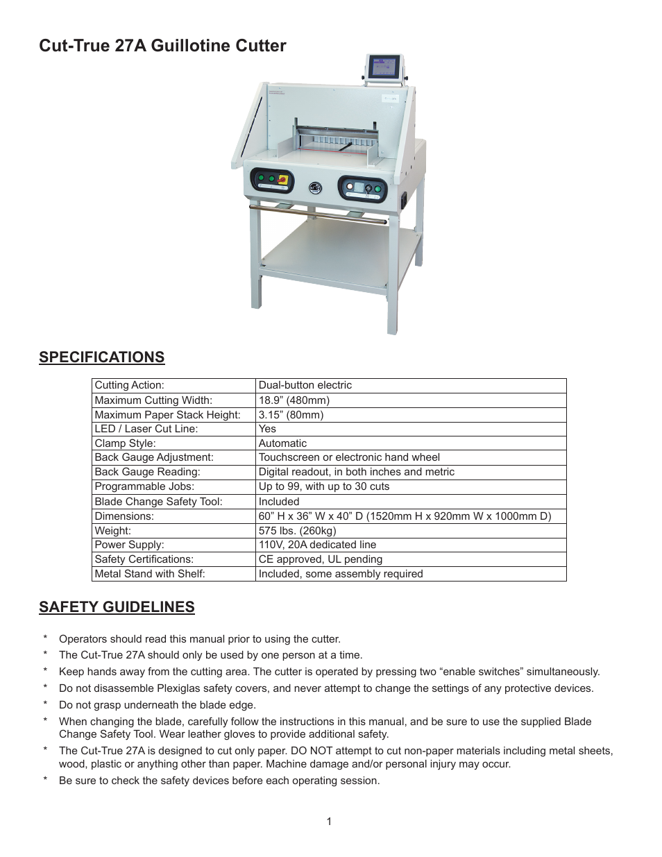 Cut-true 27a guillotine cutter, Safety guidelines specifications | Formax Cut-True 27A User Manual | Page 4 / 20