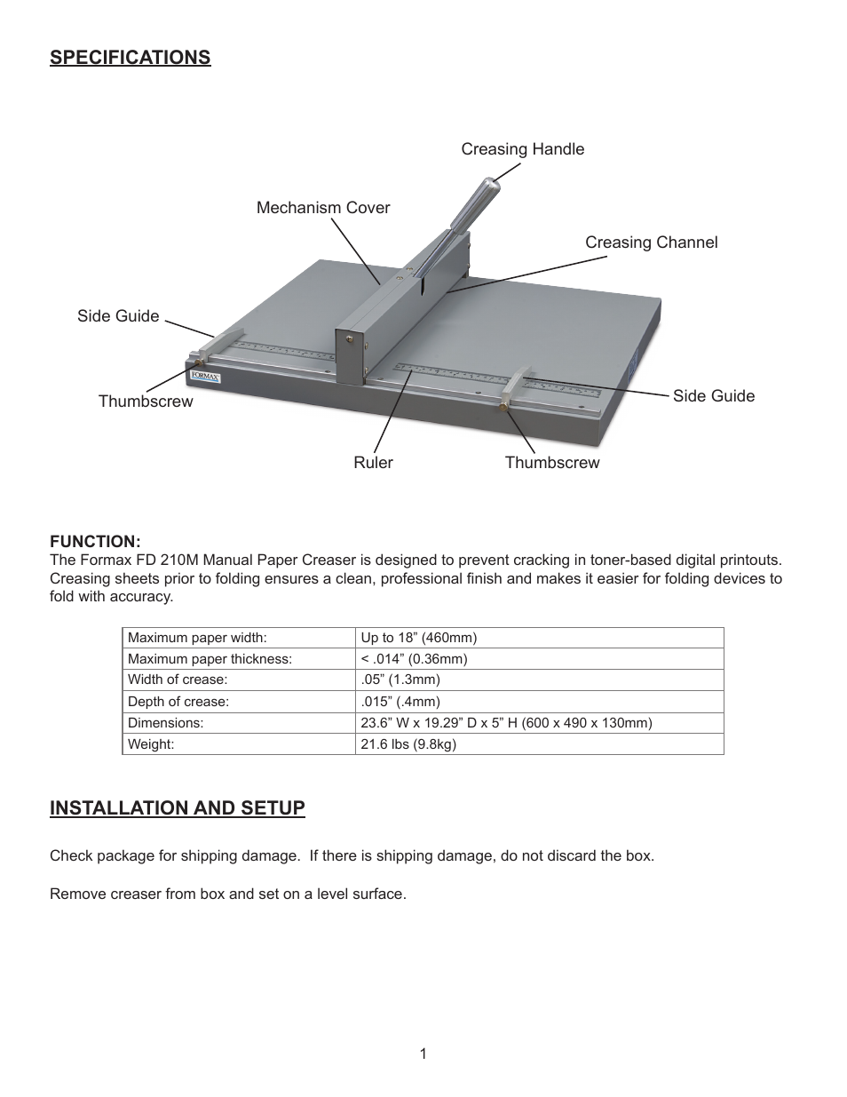 Installation and setup, Specifications | Formax FD 210M User Manual | Page 3 / 4