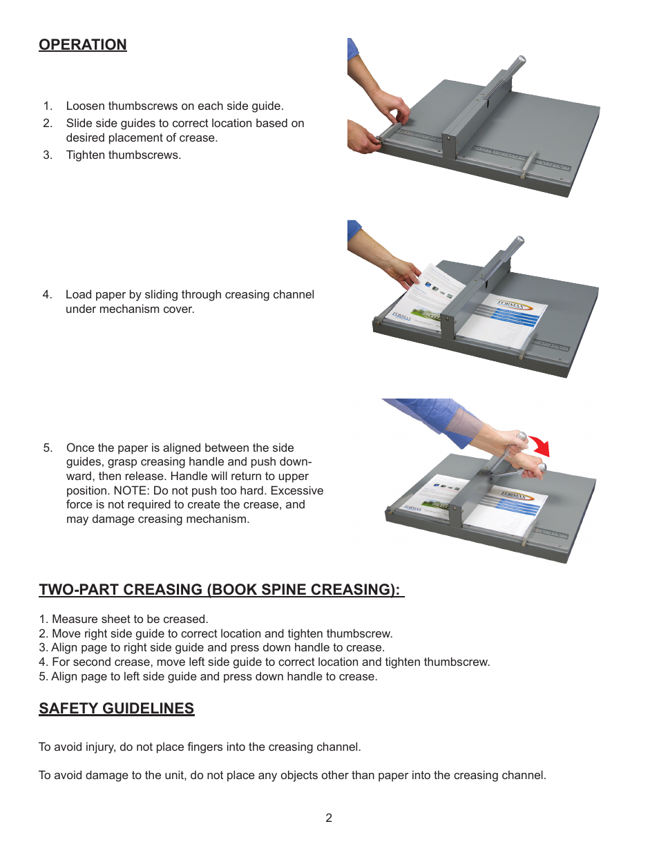 Operation safety guidelines, Two-part creasing (book spine creasing) | Formax FD 210M User Manual | Page 4 / 4