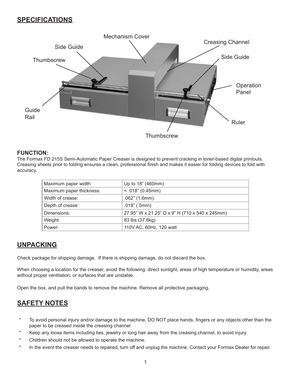 Unpacking, Specifications | Formax FD 215S User Manual | Page 3 / 6