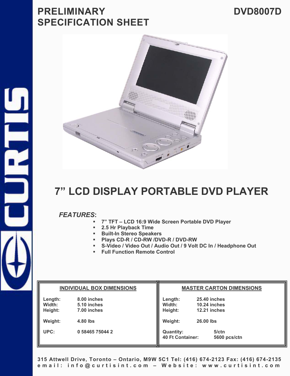 Curtis DVD8007D User Manual | 1 page
